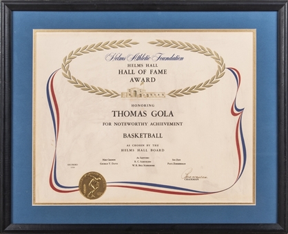 1956 Helms Athletic Foundation Helms Hall of Fame Award Presented To Thomas Gola In 21x17 Frame 